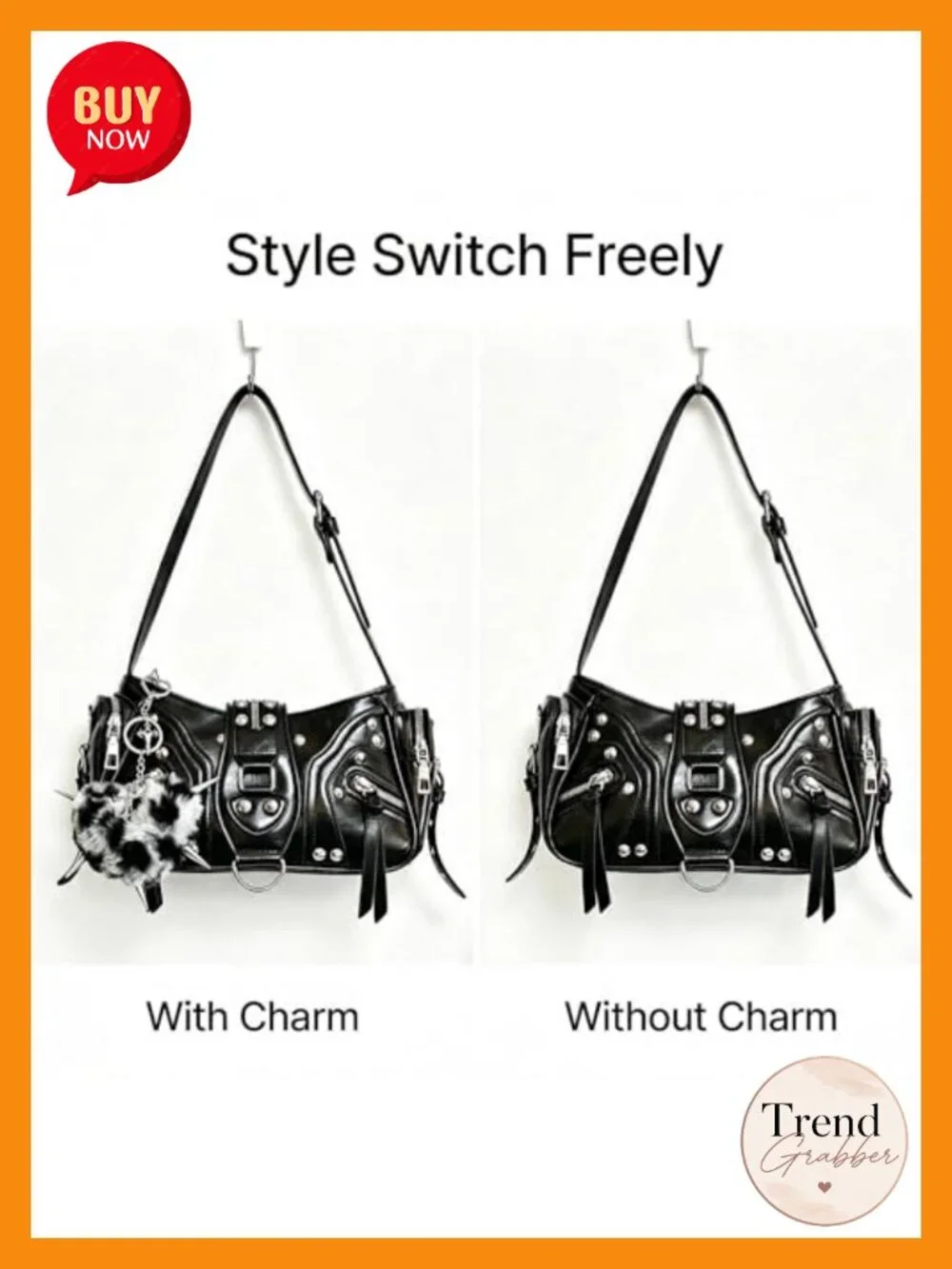 Punk Rivet Shoulder Bag with Studded Heart Charm Faux Leather